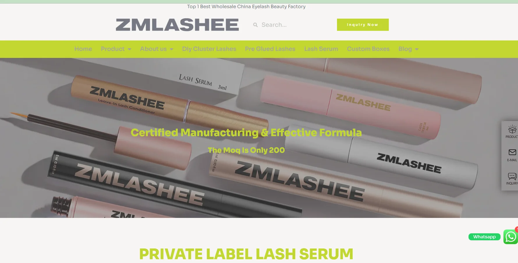 ZMLASHEE private label lash serum products displayed, featuring various tubes with branding and packaging, promoting certified manufacturing and effective formulas.